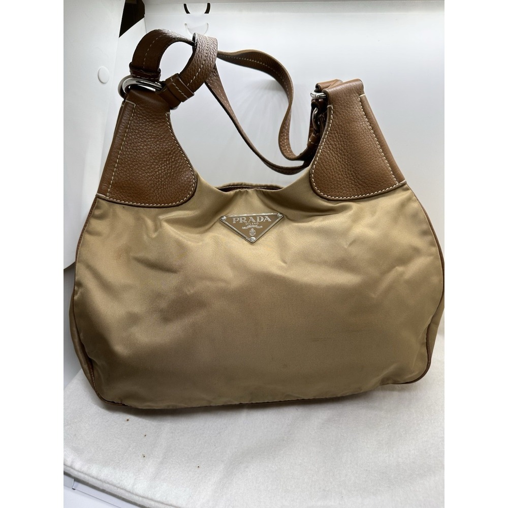 Prada Tessuto Hamal Shoulder Bag Nylon Leather Corda Beige Authentic w Cards